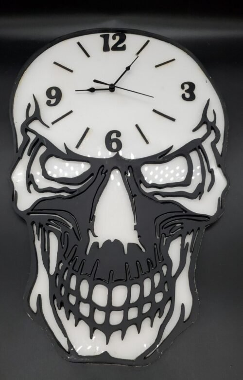 Large Skeleton Skull Homemade Wall Clock Black And White