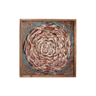 Large Square Aqua and Bronze Metal Rose Wall Decor in Natural Wood...