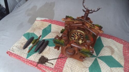 Large Vintage German Cuckoo Clock Black Forest Germany 18" Tall, Buck & Guns Top