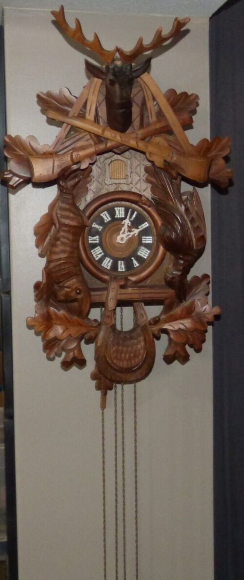 Large Vintage German Cuckoo Clock Black Forest Germany 22" Tall, Buck & Guns Top