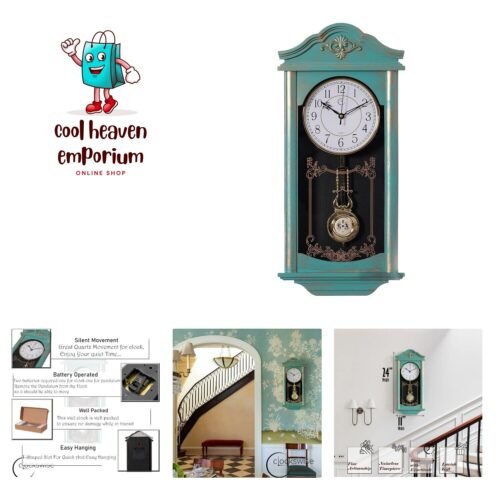 Large Vintage Grandfather Wood- Looking Plastic Pendulum Wall Clock for Livin...