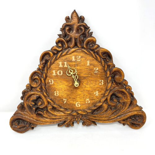 Large Vintage Hand Carved Wooden Scroll Triangle Hanging Wall Clock - WORKS!
