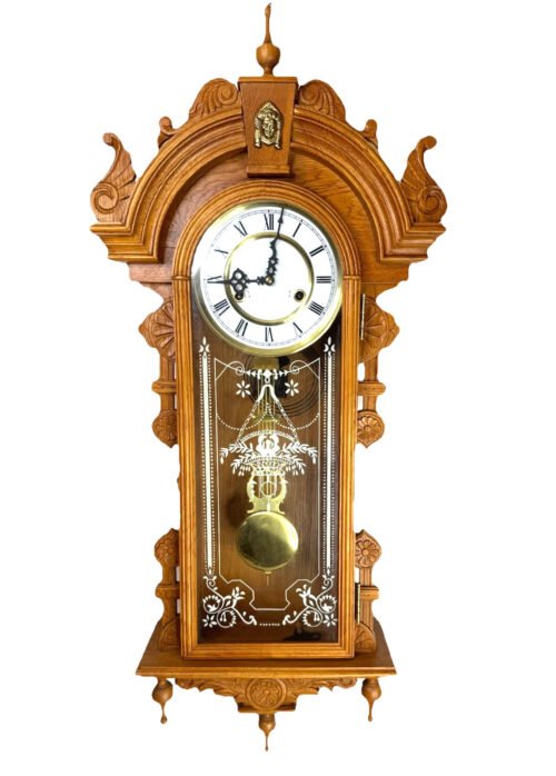 Large Vintage Heavily Carved Golden Oak Regulator Wall Clock