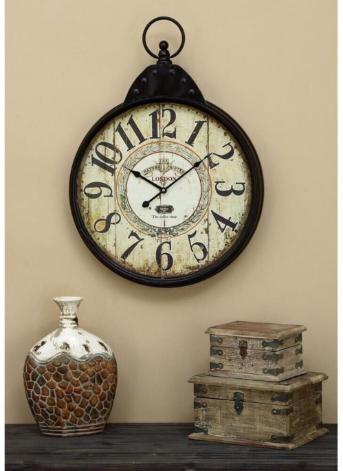 Large Vintage London Round Stopwatch Wall Clock, Rustic Metal Distressed Finish