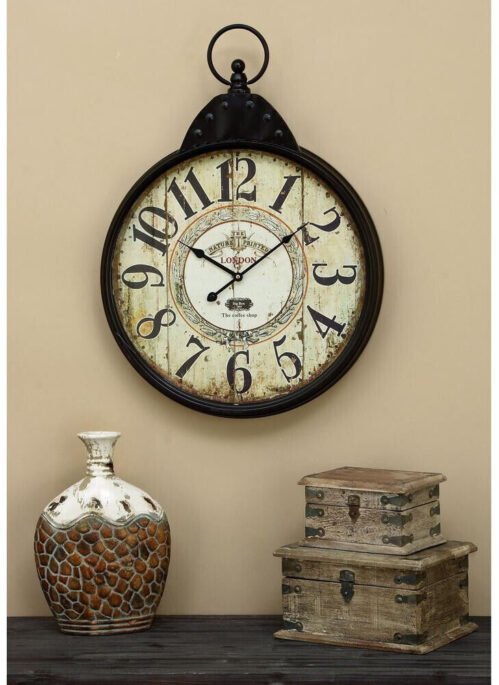 Large Vintage London Round Stopwatch Wall Clock, Rustic Metal Distressed Finish