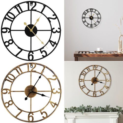 Large Wall Clock 16Inch Round Silent Non Ticking Vintage Rustic Iron Decorative❉