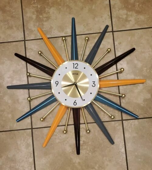 Large Wall Clock 27.5 Inch Mid Century Style Starburst Orange Blue Gold
