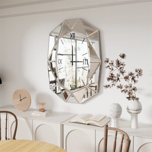 Large Wall Clock Beveled Diamond Edges Mirrored Silent Wall Clock Silver Mirror