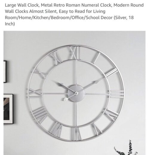 Large Wall Clock Metal Retro Roman Numeral Clock Modern 18” Silver