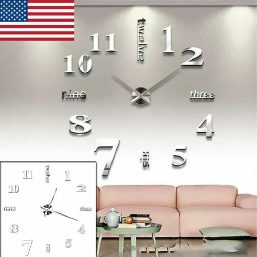 Large Wall Clock Modern 3D Acrylic Mirror Sticker Big Number Watch DIY Decor New