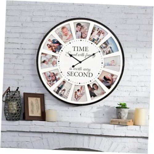 Large Wall Clock with Picture Frames Collage, Vintage Rustic Clock A - White