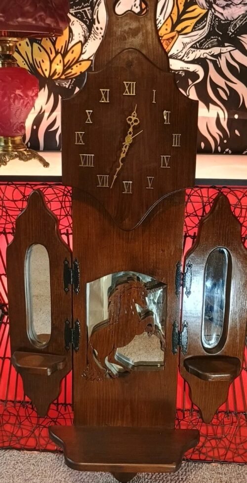 Large Wooden Wall Clock w/ Wing Panels, Unicorn Design Mirror Backing 48" Tall