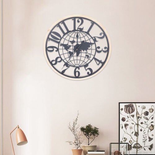 Large World Map Wall Clock, Metal Minimalist Modern Clock, Round Silent