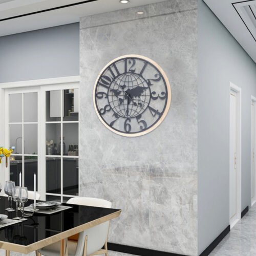 Large World Map Wall Clock, Metal Minimalist Modern Clock, Round Silent
