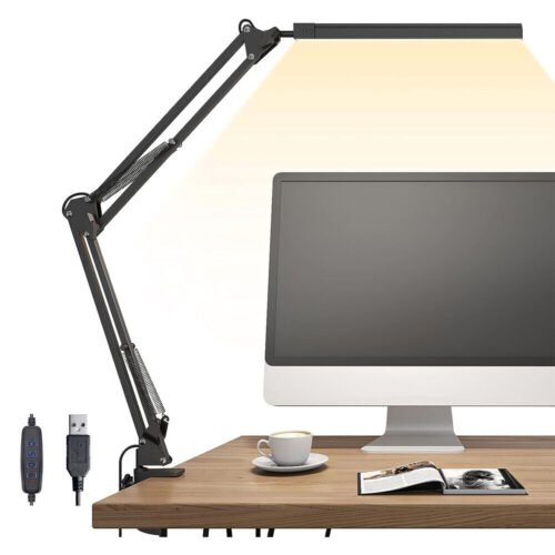 LED Adjustable Swing Arm Eye-Caring Reading Desk Lamp with Clamp 3 Colors Modes