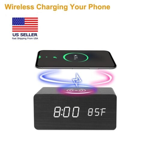LED Desk Alarm Clock with Wooden Finish, Thermometer, and Qi Wireless Charge