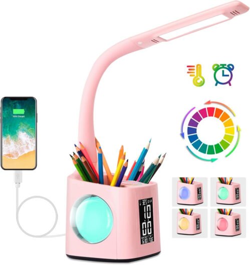 LED Desk Lamp with Clock,Color Changing Nightlight,Study Lamp with Pen Holder,
