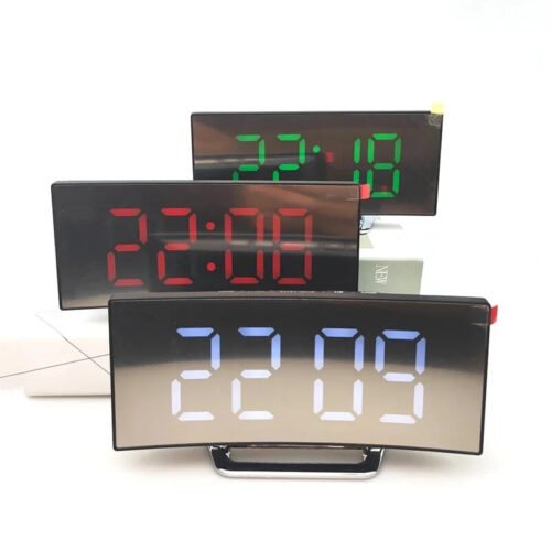 LED Digital Alarm Clock Curved Mirror Large Display USB Bedside Table Desk Clock