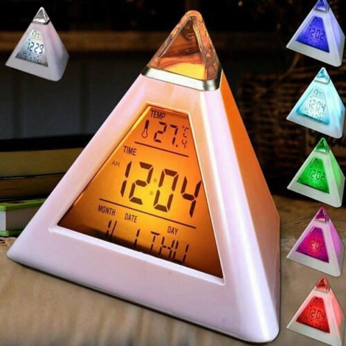 LED Digital Alarm Clock Pyramid Night Light Color Changing Desk Clock