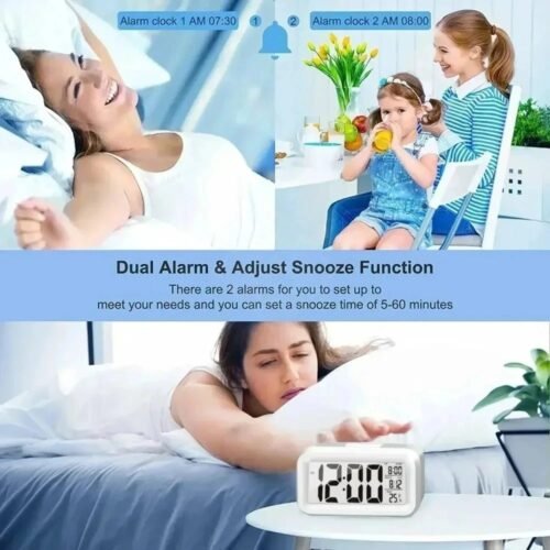 LED Digital Alarm Clock Snooze Backlight Calendar Time Display Table Desktop