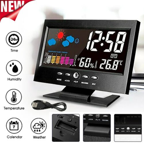 LED Digital Alarm Clock Time/Date/Week/Temp/Humidity/Weather/Snooze Display USA