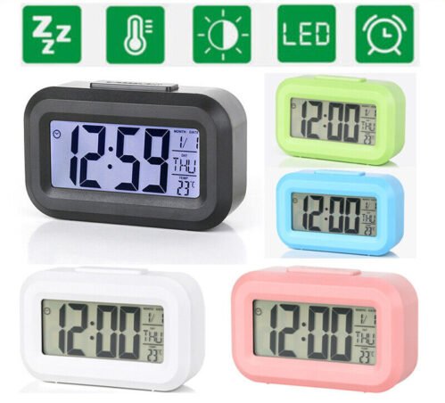 LED Digital Bedside Snooze Alarm Clock 12/24 Time Mode Calendar Temperature