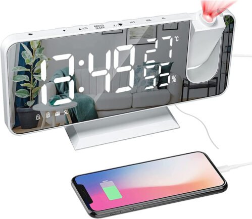 LED Digital Projector Rotatable Projection Snooze Dual Alarm Clock FM Radio USB