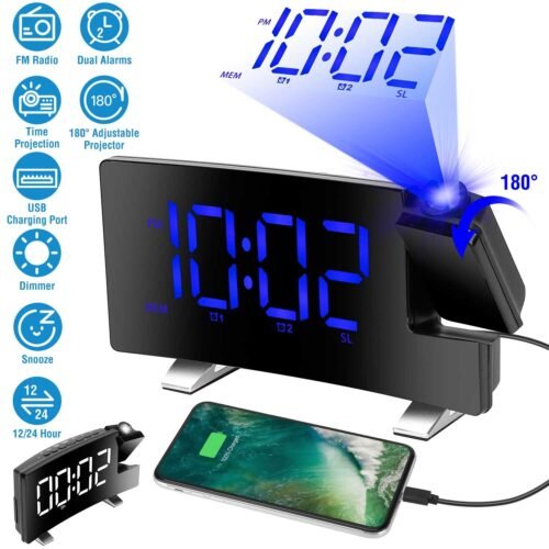 LED Digital Projector Rotatable Projection Snooze Dual Alarm Clock FM Radio USB
