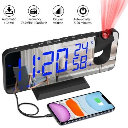 LED Digital Projector Rotatable Projection Snooze Dual Alarm Clock FM Radio USB