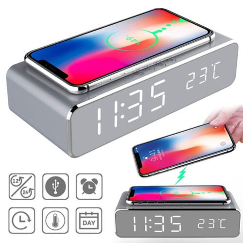 LED Electric Alarm Clock With Wireless Charger Desktop Digital Despertador Therm