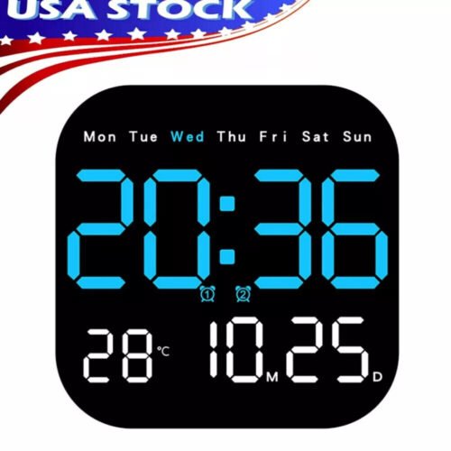 LED Large Digital Wall Clock Remote Control Temperature Date Week Display Adjust