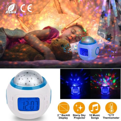 LED Music Projector Star Night Light Digital Alarm Clock Calendar Thermometer