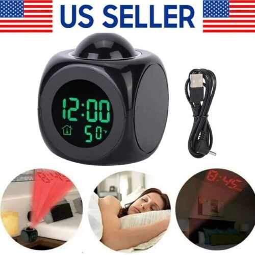 LED Projection Alarm Clock Digital LCD Display Voice Talking Weather Snooze USB