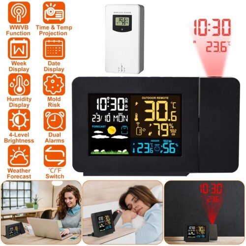 LED Projection Dual Alarm Clock Snooze Weather Station Temperature & Humidity US