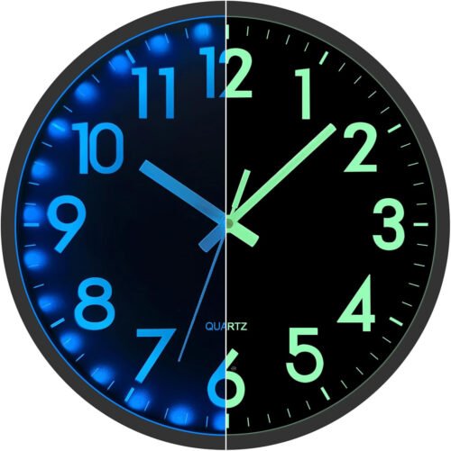 LED Wall Clock for Bedroom Night Glow, 12 Inch Silent Wall Clocks Battery Operat