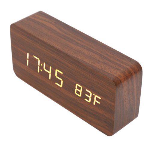 LED Wood Digital Alarm Clock 3 Level Brightness Electronic Clock+Temp Humidity&