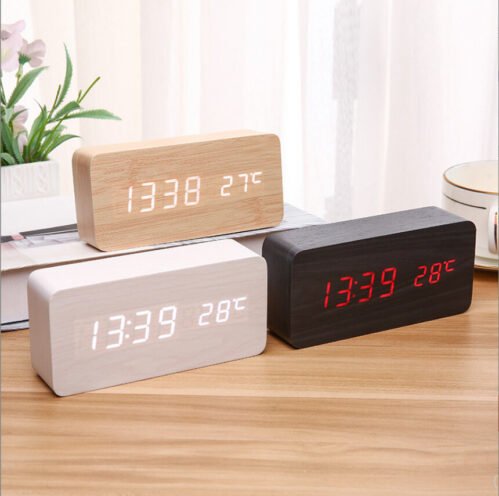 LED Wooden Digital Bedside Alarm Clock LED Date Temperature Display
