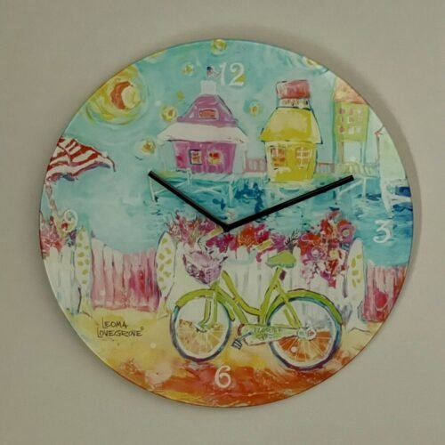 Leoma Lovegrove 16” Collectible Glass Wall Clock Florida Girl Vintage Bicycle