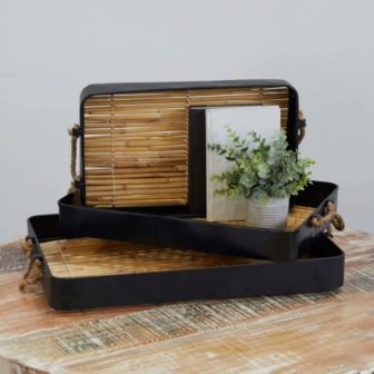 Light Brown Handmade Rattan Slatted Base Decorative Tray with Metal Sides and...