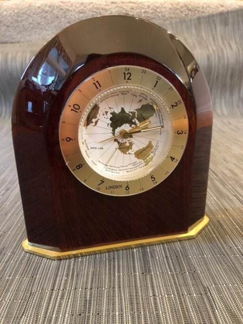 LINDEN Arched World Time Table Desk Alarm Clock. Solid mahogany wood. NICE!