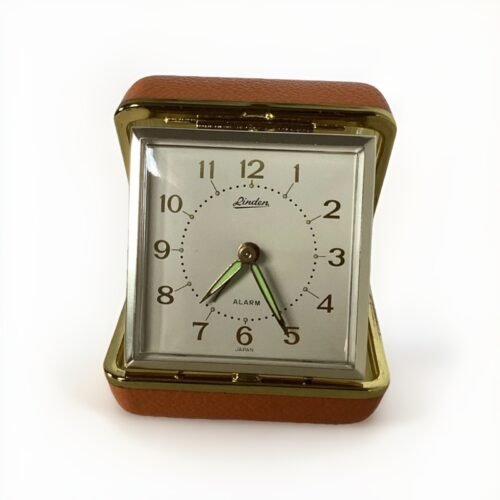Linden Travel Alarm Clock Square Wind-Up Brown Case Hands Glow Japan Works