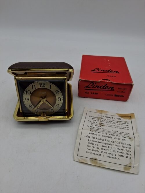 Linden Travel Alarm Clock Square Wind-Up Brown Case Hands Glow Korea No. 1530
