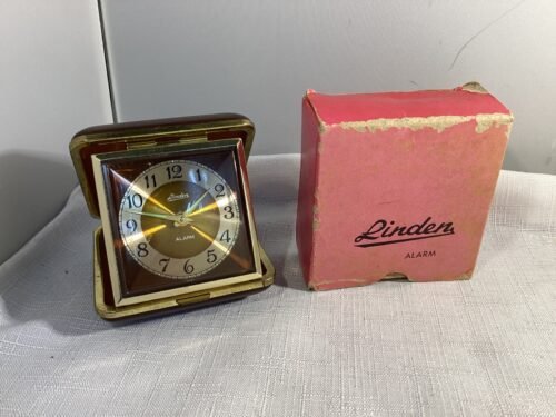 Linden Travel Alarm Clock Square Wind-Up Brown Case Korea No. 1530 Works.