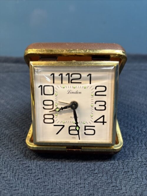 Linden Travel Alarm Clock Square Wind-Up Brown Leather Case Hands Glow Vintage