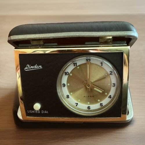 Linden Vintage Lighted Dial Travel Alarm Clock Brown Leather Folding Case Works