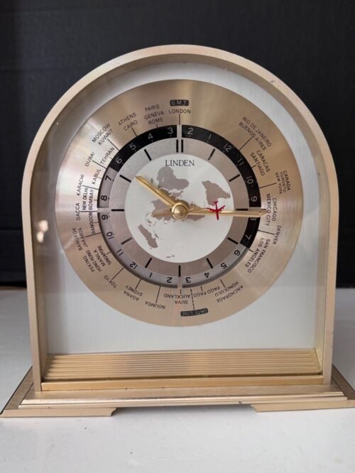 Linden World Time 8 inch Tall Brushed Brass Desk Mantle Clock Quartz Tested