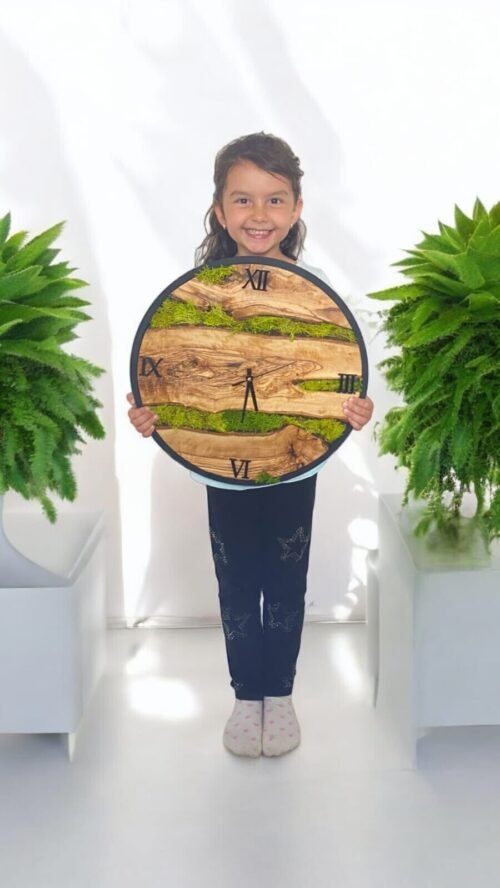 Live Moss Round Wall Clock Olive Wood Hanging 16 inch(40 Cm.) Free Shipping