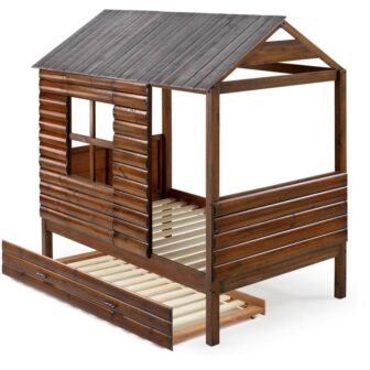 Log Cabin Rustic Walnut and Silver Twin Low Loft Bed with Twin...