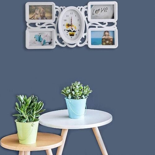 LONABR Wall Hanging 4 Openings Photo Frame with Clock Picture Collage Home Decor
