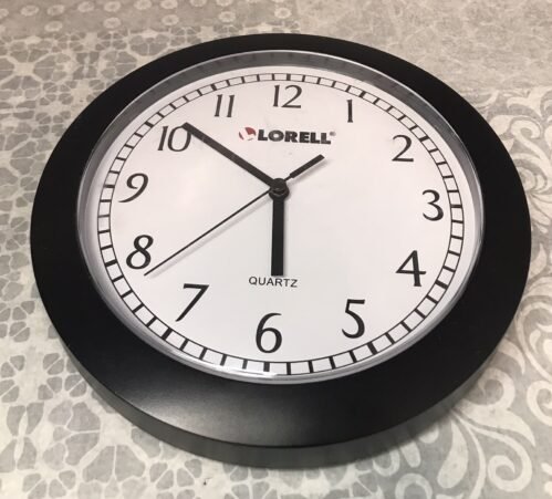 Lorell Wall Clock, 9", Arabic Numerals, White Dial/Black Frame. Tested Working